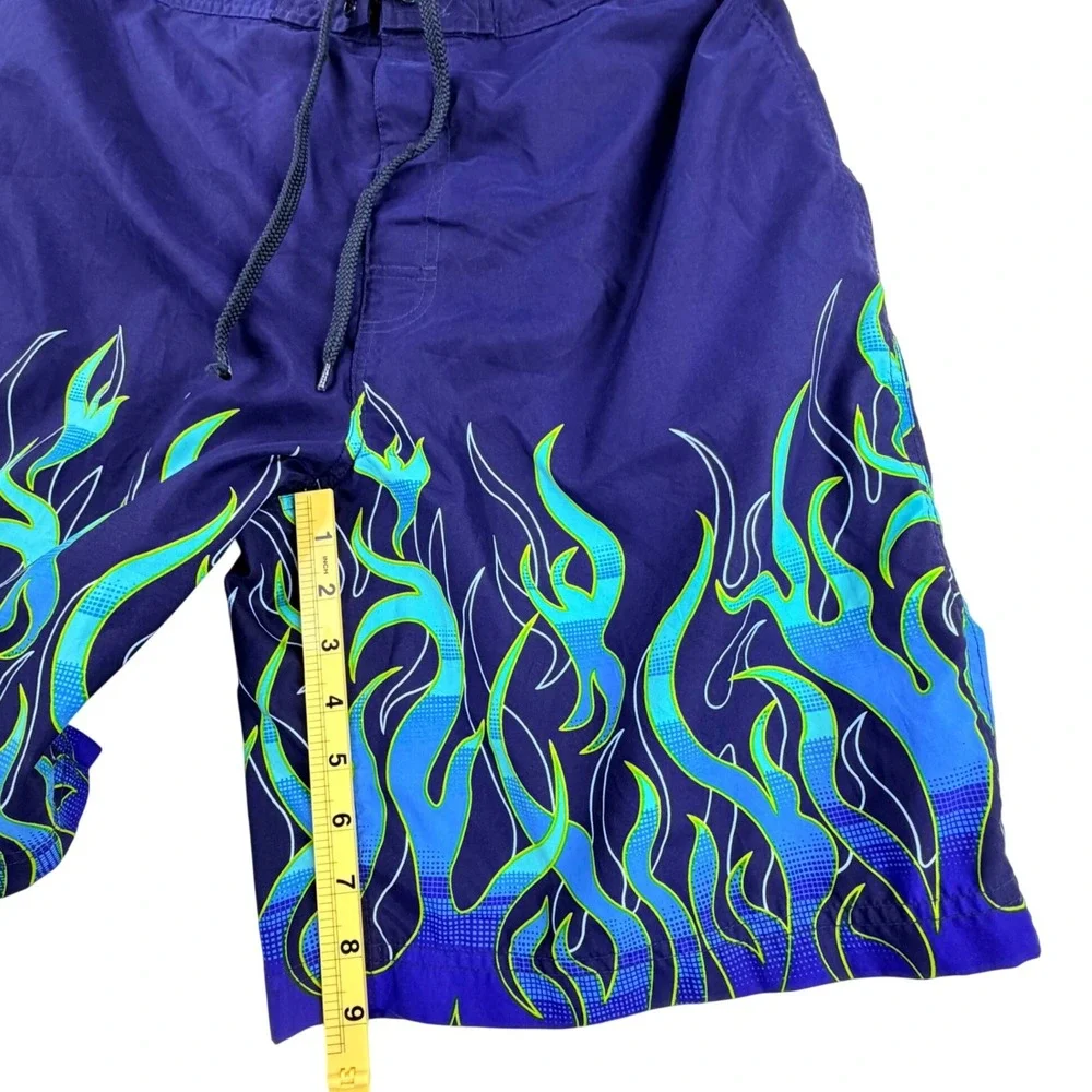Utility Flame Print Baggy Board Shorts Men 34 Blue Surf Swim Trunks Y2K Vintage